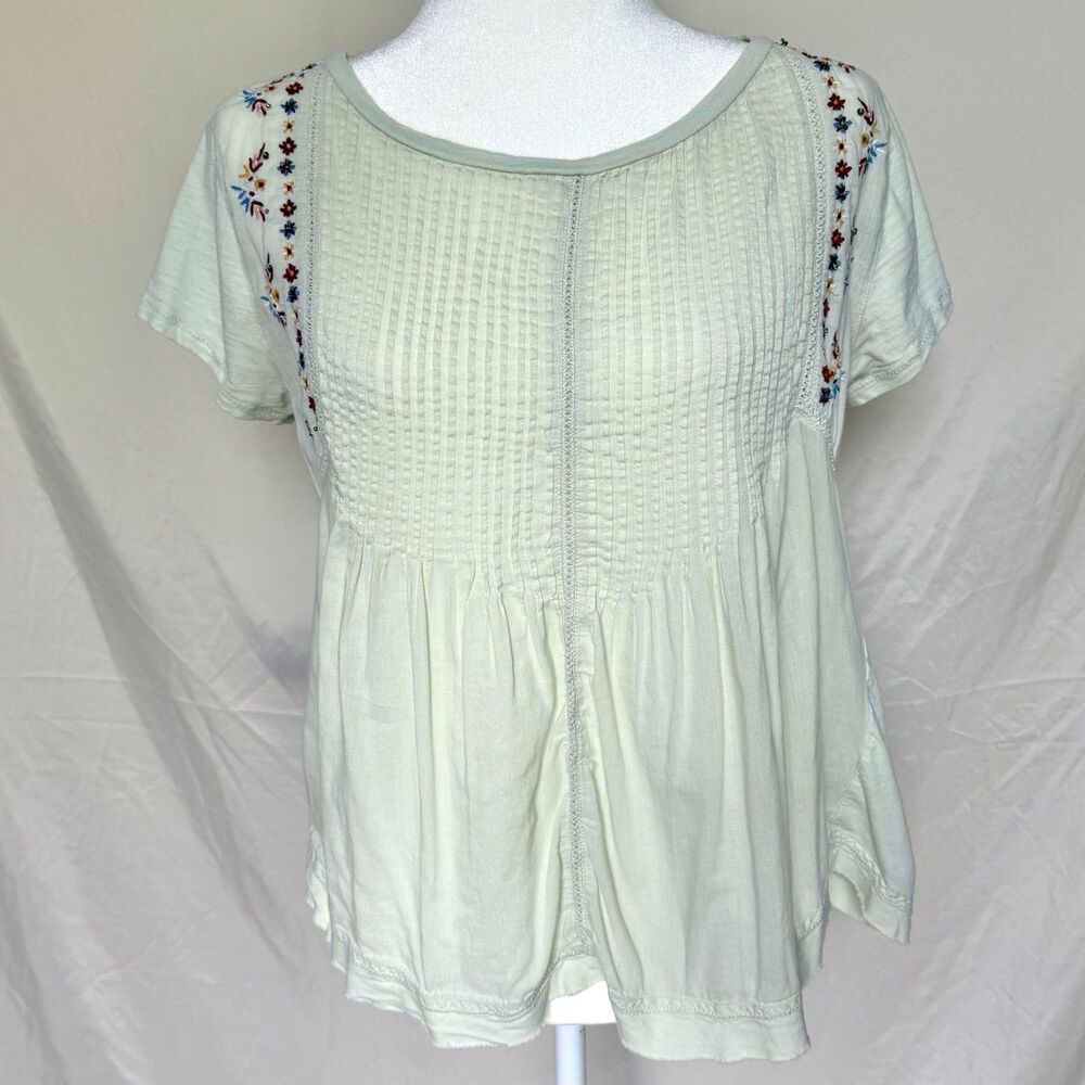 Sundance tunic top womens M green embroidered pintuck short sleeve boho peasant